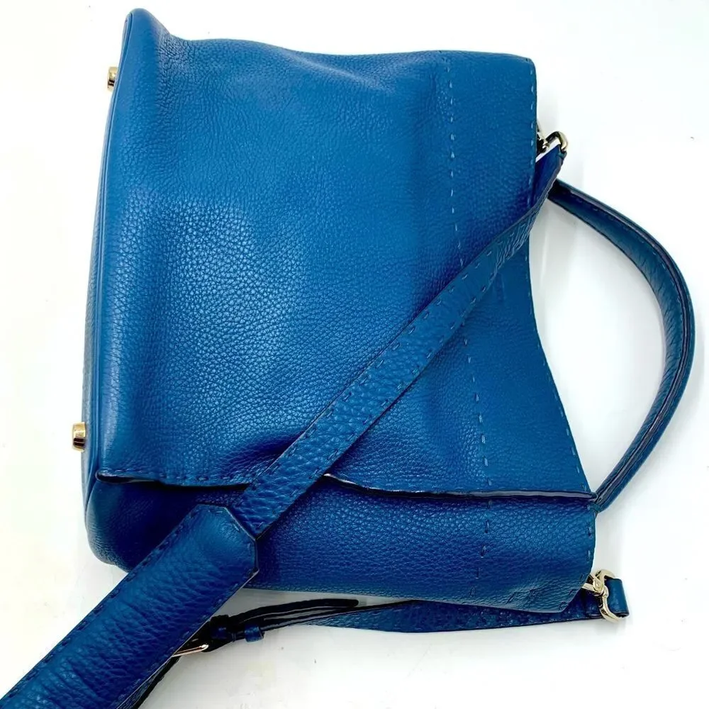 Auth Fendi Cuoio Romano Blue Selleria cLeather 2way Anna Bucket Bag Hobo Shopper